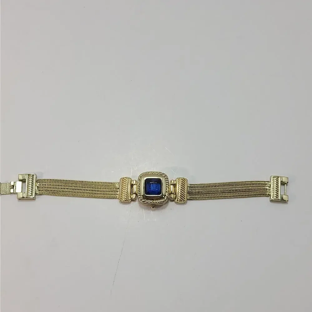 Charter Club Women's Gold Tone Blue Stone Closed Face Watch Tassel Link Works